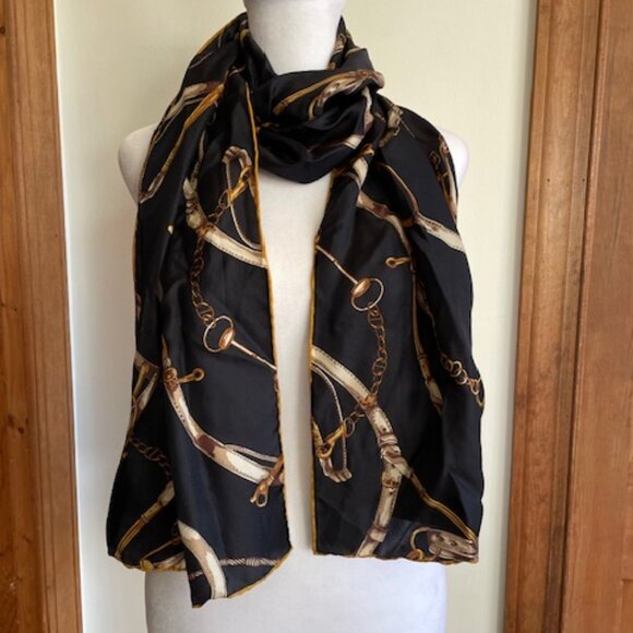 TALBOTS Vintage Silk Scarf Equestrian Print Oblong Black, Brown, Gold - Picture 1 of 14